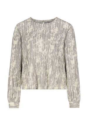 Grauer strukturiertes Langarmshirt mit Rundhalsausschnitt, das ein dezentes weißes abstraktes Muster und elastische Bündchen aufweist. Detail mit Schlüssellochausschnitt auf der Rückseite.