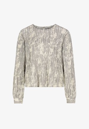 Grauer strukturiertes Langarmshirt mit Rundhalsausschnitt, das ein dezentes weißes abstraktes Muster und elastische Bündchen aufweist. Detail mit Schlüssellochausschnitt auf der Rückseite.