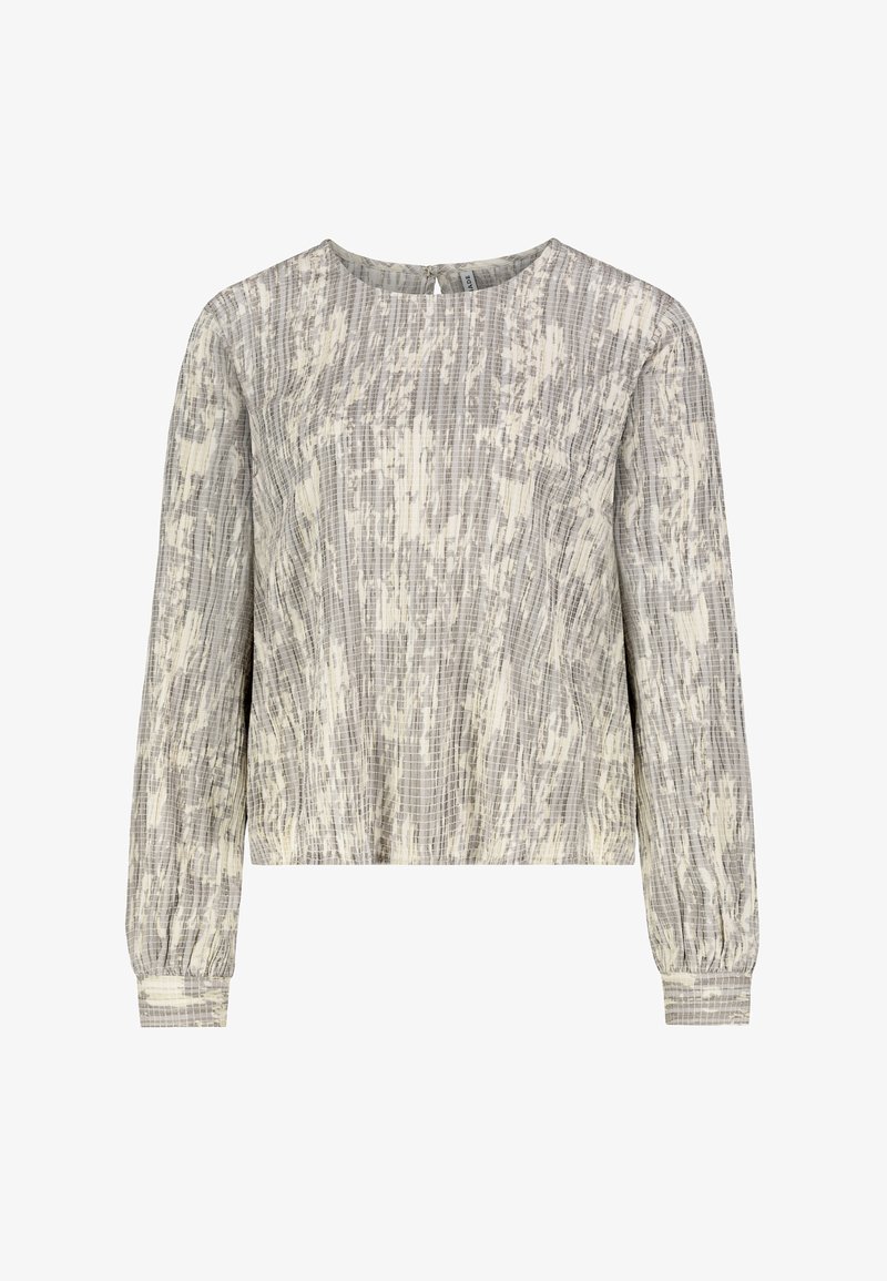 Grauer strukturiertes Langarmshirt mit Rundhalsausschnitt, das ein dezentes weißes abstraktes Muster und elastische Bündchen aufweist. Detail mit Schlüssellochausschnitt auf der Rückseite.
