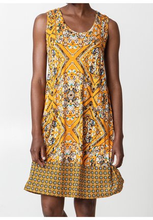 Sleeveless knee-length dress with vibrant yellow patterned fabric featuring intricate geometric and floral designs.