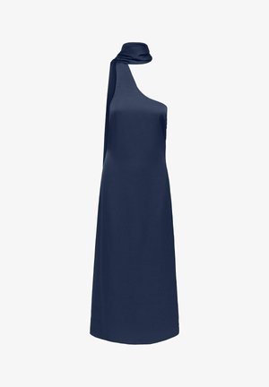 Robe longue en satin bleu marine avec une bretelle épaule et un détail en forme d’écharpe assortie autour du cou.