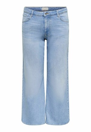 Világoskék széles szárú farmernadrág, elöl gombbal, cipzárral és öt zsebbel, fehér háttér előtt bemutatva.