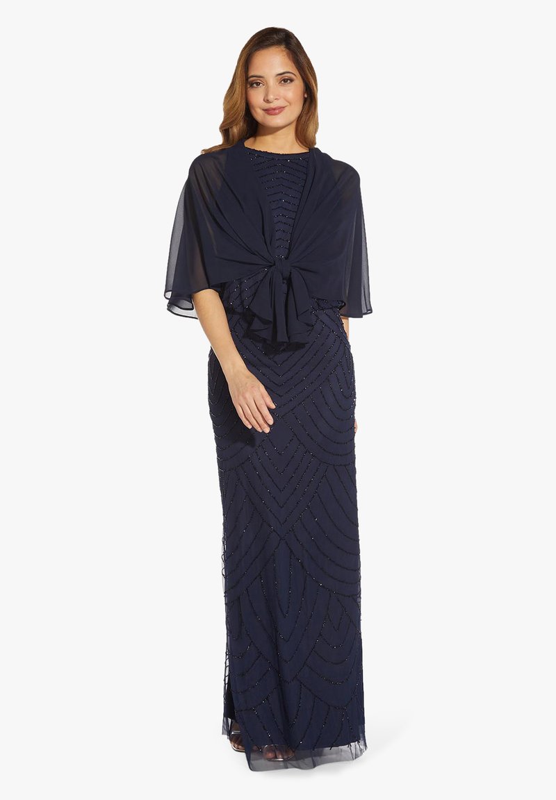 knee length dresses for ladies Floral Beaded Cape Gown in Midnight