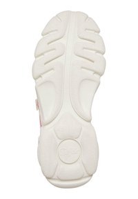 Vit sneakersula med texturerade spår och cirkulära mönster. Har en slät yta och en upphöjd logotyp i mitten.