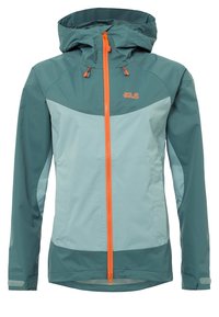 Veste d'extérieur bicolore bleu sarcelle avec capuche, fermeture éclair orange à l'avant, poignets ajustables et logo Jack Wolfskin sur la poitrine gauche.