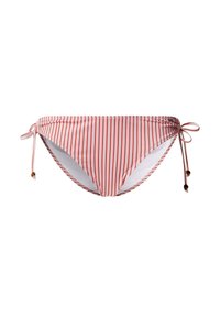 Pruhované bikiny spodok v červenej a bielej farbe. Má nastaviteľné bočné viazanie s dekoratívnymi korálkami, vyrobené z jemného, elastického materiálu.