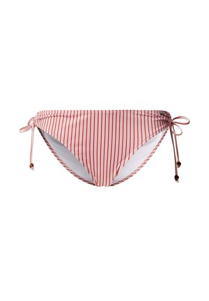 Gestreepte bikinibroek in rood en wit. Kenmerkt zich door verstelbare zijknoopjes met decoratieve kralen, gemaakt van een gladde, rekbare stof.