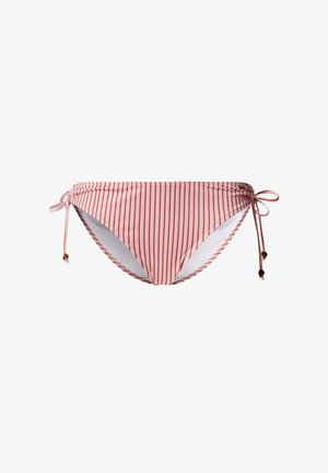 Paski bikini dolne w kolorze czerwonym i białym. Posiadają regulowane boczne wiązania z ozdobnymi koralikami, wykonane z gładkiego, elastycznego materiału.