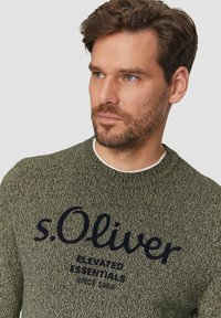 Groene gebreide trui met een textuurpatroon. Voorzien van een ronde hals en marineblauw logotekst "s.Oliver" en "Elevated Essentials" op de voorkant.