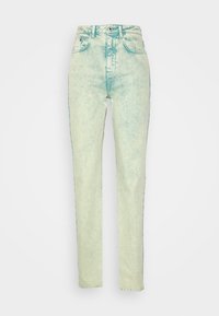 Light green denim jeans with a faded finish, high waist, five pockets, and a straight leg design. Features a button and zip fly closure.