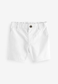 White shorts made of lightweight fabric with a stretchy waistband, featuring a single front button and two side pockets.
