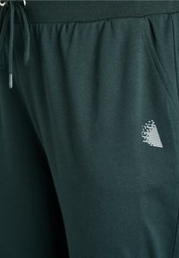 Dunkelgrüne Jogginghose mit elastischem Bund, Kordelzug, Seitentasche und einem kleinen weißen gestreiften Logo auf dem Oberschenkel.