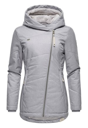 Gray insulated jacket with a hood, featuring a diagonal zip closure, textured fabric, and soft lining. Notable quilted pattern on the body.