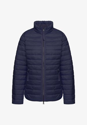 Navyblauw gewatteerd pufferjack met een staande kraag, volledige rits en twee zijzakken. Heeft een gladde textuur en een lichtgewicht ontwerp.