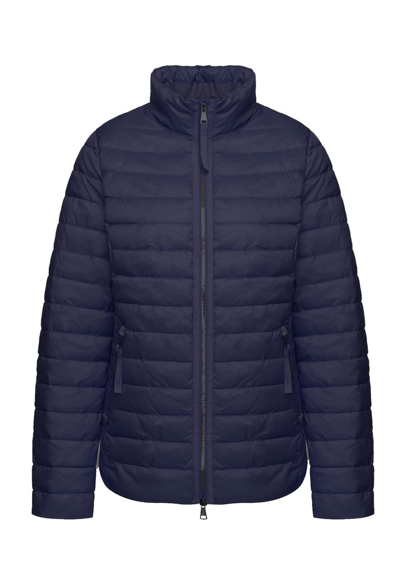 Navyblauw gewatteerd pufferjack met een staande kraag, volledige rits en twee zijzakken. Heeft een gladde textuur en een lichtgewicht ontwerp.