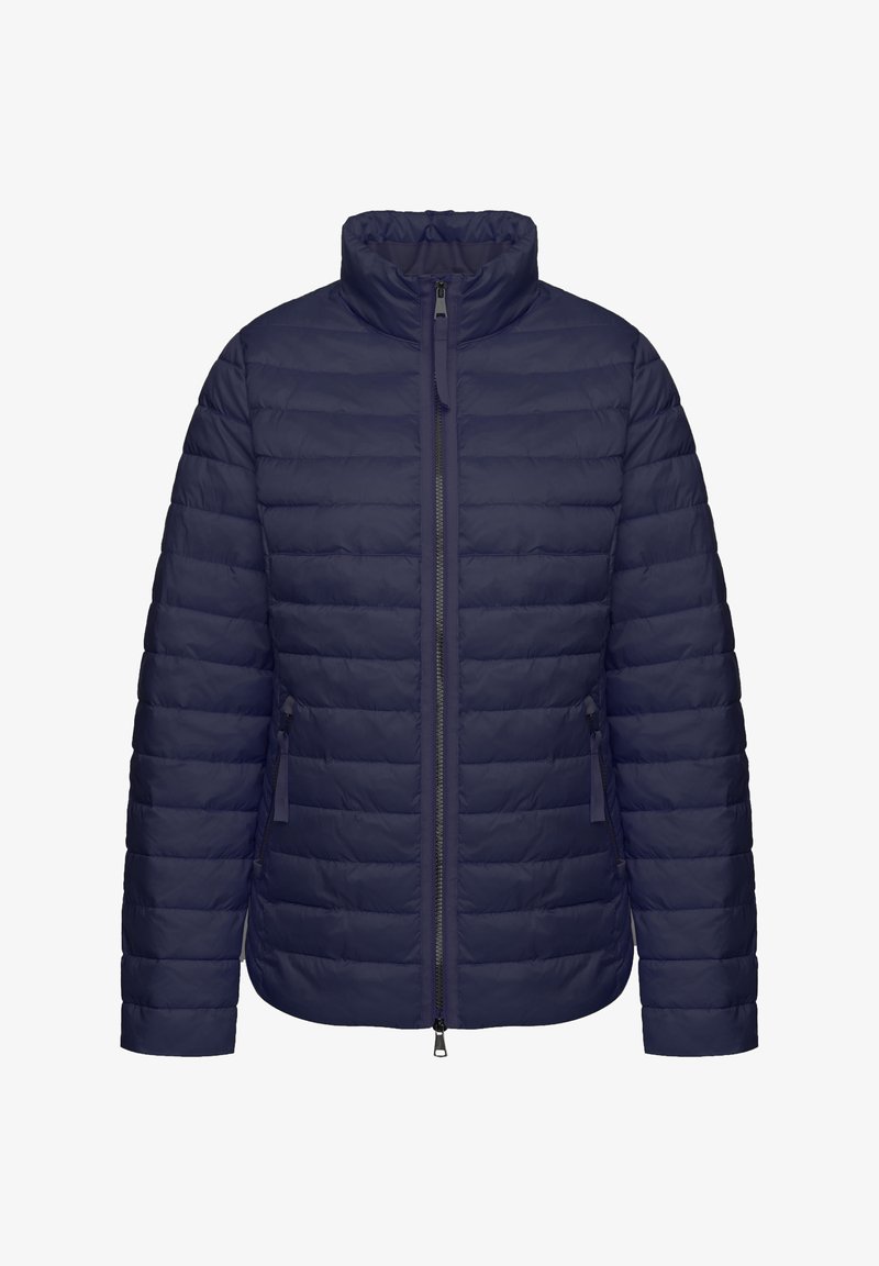 Navyblauw gewatteerd pufferjack met een staande kraag, volledige rits en twee zijzakken. Heeft een gladde textuur en een lichtgewicht ontwerp.