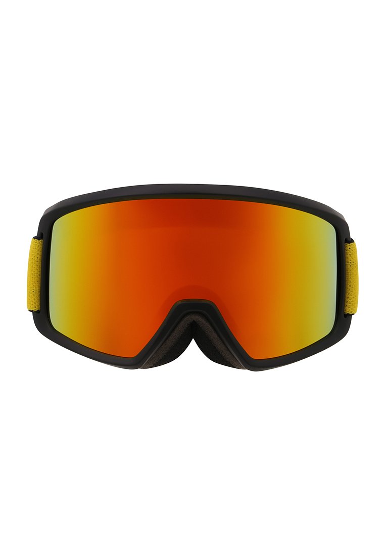 Skibrille mit einem schwarzen Rahmen, orange getönten, spiegelnden Gläsern und einem gelben verstellbaren Band. Weiche Polsterung entlang der inneren Kante.