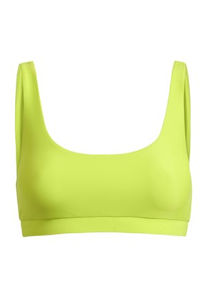 Sujetador deportivo amarillo brillante con tirantes anchos y escote cuadrado, diseñado para ropa deportiva.