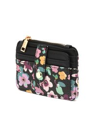 Černá peněženka s barevným květinovým vzorem, zlatým zipem a klopou na patentku pro bezpečné uzavření.