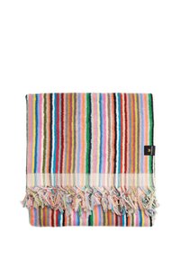 Multicolored striped blanket with a textured surface and fringed edges, featuring vibrant patterns in red, blue, green, pink, and yellow.