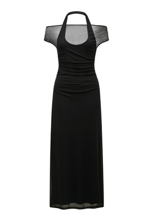 Fekete ujjatlan maxiruha halter nyakkal, ráncolt derékkal és áttetsző, váll nélküli hálós ujjakkal, testhez álló sziluett.