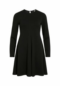Czarna sukienka z długim rękawem, okrągłym dekoltem, rozkloszowanym dołem i detalami plis, wykonana z gładkiej tkaniny. Zapięcie z tyłu na mały guzik.