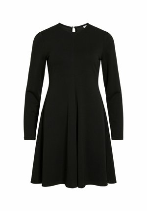 Sort langærmet kjole med rund halsudskæring, udvidet nederdel og plissédetaljer, lavet af glat stof. Lukning bagpå med en lille knap.