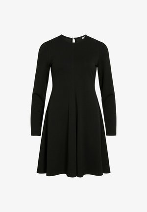 Sort langærmet kjole med rund halsudskæring, udvidet nederdel og plissédetaljer, lavet af glat stof. Lukning bagpå med en lille knap.