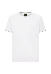 T-shirt bianco in cotone con maniche corte, scollatura tonda e una piccola tasca sul petto. Presenta un accento grigio sul colletto.