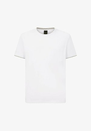 T-shirt bianco in cotone con maniche corte, scollatura tonda e una piccola tasca sul petto. Presenta un accento grigio sul colletto.