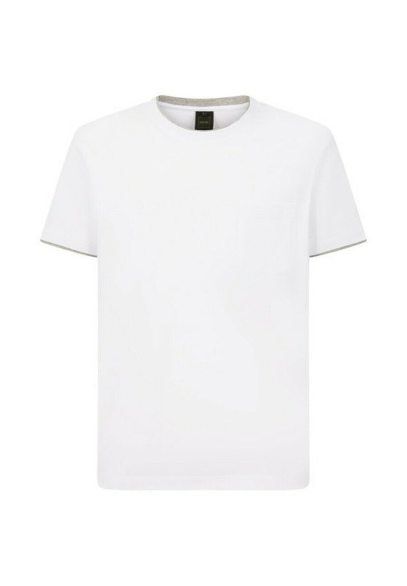 T-shirt bianco in cotone con maniche corte, scollatura tonda e una piccola tasca sul petto. Presenta un accento grigio sul colletto.