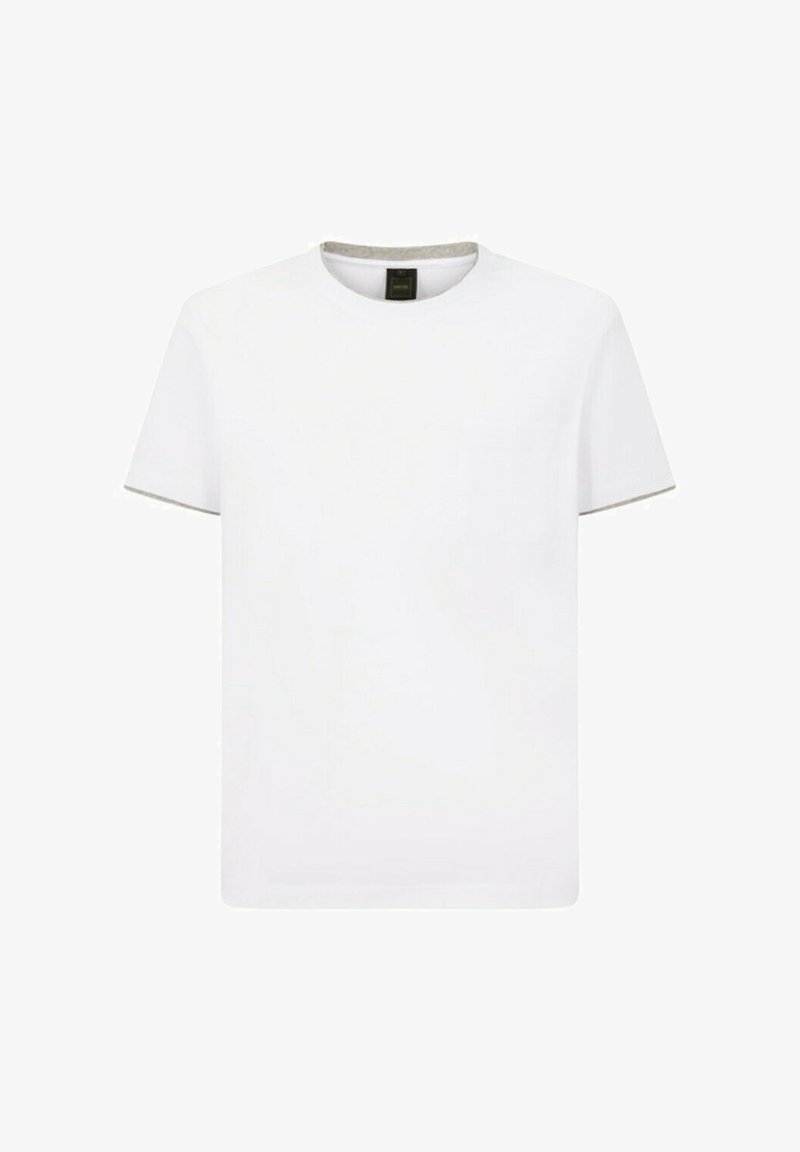 T-shirt bianco in cotone con maniche corte, scollatura tonda e una piccola tasca sul petto. Presenta un accento grigio sul colletto.