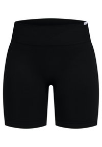 Czarne sportowe szorty z szerokim elastycznym pasem. Gładka tekstura; długość do kolan z dopasowanym krojem. Brak widocznych wzorów lub elementów metalowych.