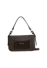 Bolso de mano de cuero marrón con un acento de ante y un asa corta. Presenta un acabado texturizado y un detalle del logo dorado en la parte frontal.