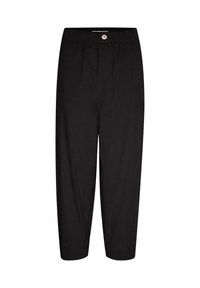 Zwarte broek met een elastische tailleband en enkele knoopsluiting. Gemaakt van een lichtgewicht stof, met een rechte pijp en een minimalistisch ontwerp.