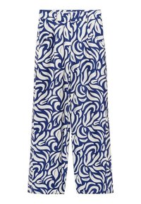 Blauwe en witte hoog-getailleerde broek met een abstract bladpatroon, rechte pijpen, riemlussen en voorplooien.