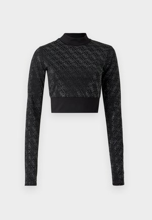 Fekete, hosszú ujjú crop top, texturált gyémántmintával, álló nyakkal és egyszínű fekete alsó panelel. Puha, testhezálló anyag.