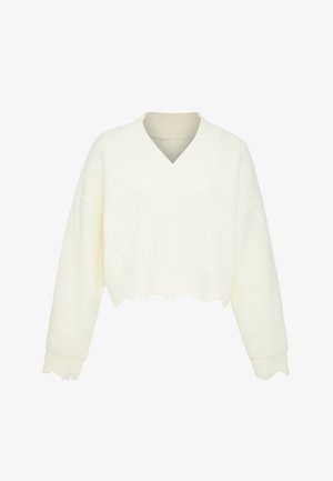 White, cropped sweater with a V-neck, ribbed texture, wide sleeves, and raw hem details. Made from a soft, knitted material.