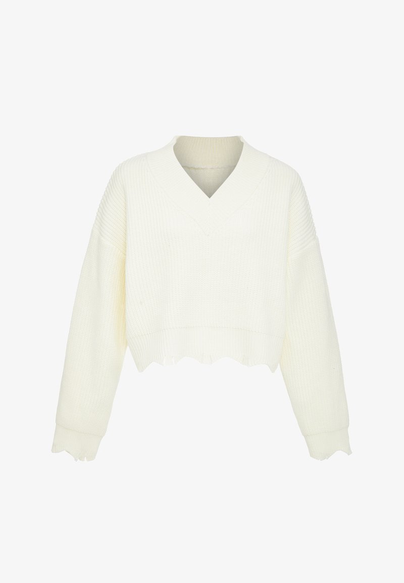 White, cropped sweater with a V-neck, ribbed texture, wide sleeves, and raw hem details. Made from a soft, knitted material.