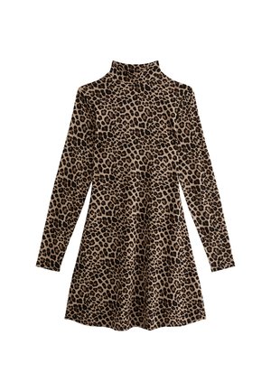 Vestido de manga larga de estampado de leopardo con cuello alto simulado, que presenta una silueta acampanada en tonos beige y marrón con una textura de tejido suave.