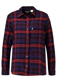 Long-sleeve button-up flannel shirt with red, black, and purple plaid pattern and a chest pocket on the left side.