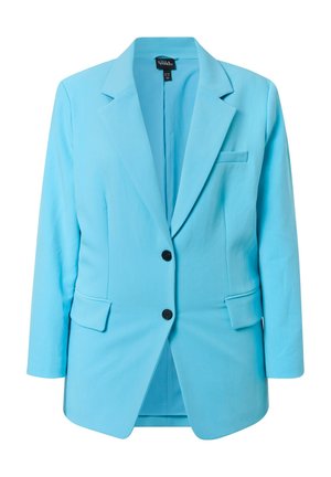 Vaaleansininen naisten bleiseri lovimallisilla kauluksilla, kahdella mustalla napilla ja kolmella etutaskulla, esitetty valkoisella taustalla.