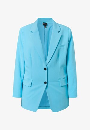 Blazer pour femme bleu clair avec revers crantés, deux boutons noirs et trois poches avant, présenté sur un fond blanc.