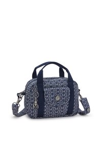 Blue patterned fabric bag with dual handles, detachable strap, zip closure, front pocket, and silver hardware accents.