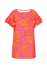Rochie florală cu mâneci volan, având flori și frunze portocalii pe un fundal roz. Material moale cu o croială lejeră.