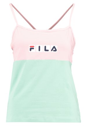 Růžový a mátově zelený top na ramínka vyrobený z bavlny, s tenkými ramínky a výrazným logem FILA přes hruď. Hladká textura, ležérní design.