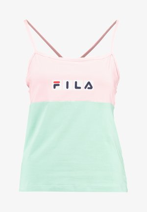 Lyserød og mintgrøn tanktop lavet af bomuld, med tynde stropper og et iøjnefaldende FILA-logo på brystet. Glat tekstur, afslappet design.