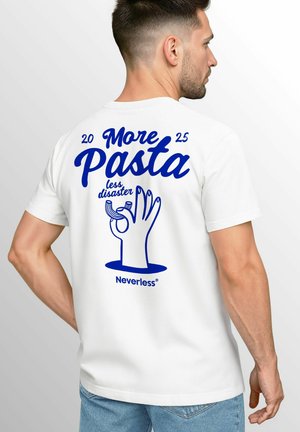 White cotton t-shirt featuring blue graphic text "More Pasta 2025 less disaster" above an illustration of a hand holding pasta.