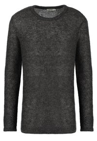 Pull noir en maille présentant un col rond, des manches longues et une finition texturée. Le tissu semble léger et légèrement transparent.