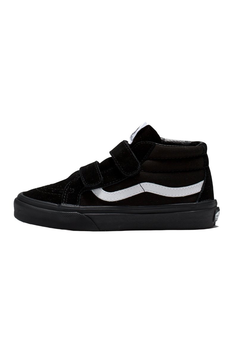 Schwarze Wildleder-Hochtop-Sneaker mit weißen Akzenten, ausgestattet mit zwei Klettverschluss-Riemen, einem strukturierten Zehenbereich und einer Gummisohle.